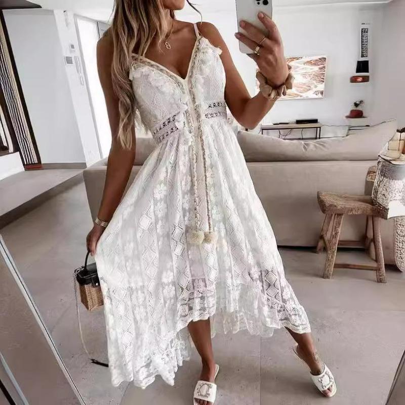 Women's Lace Maxi Dress Long Sleeve V Neck Boho Ruffle Elegant White Long Dress