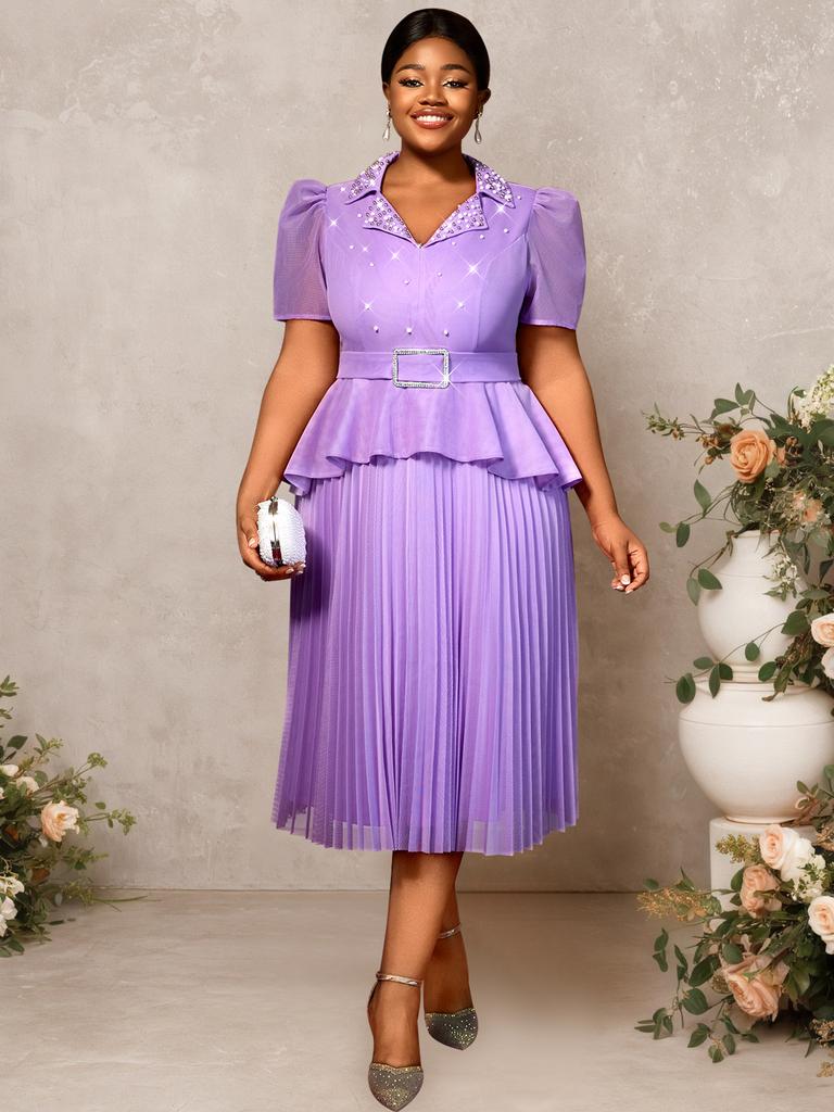 Lavender Elegant Women Pleated Midi Dress with Sashes Turn-Down Collar Beading Knee-Length A Line for Party Formal Gathering
