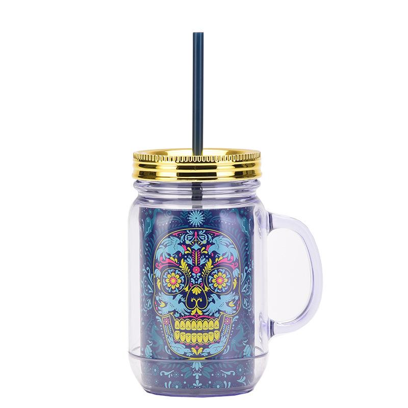 Double Plastic Cup Colored Skull Halloween Party Water Cup Portable Creative Straw Cup