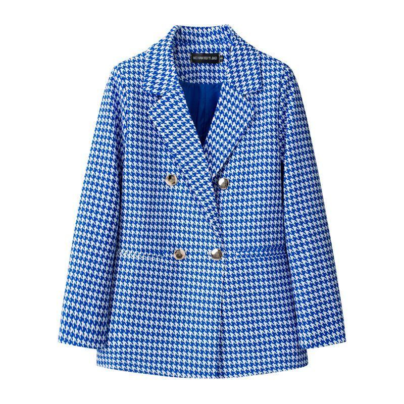 Blazer a Pied de Poule Blu e Bianco Stile Britannico da Donna con Bavero Elegante Cappotto Completo Nuova Collezione Outerwear per Performance