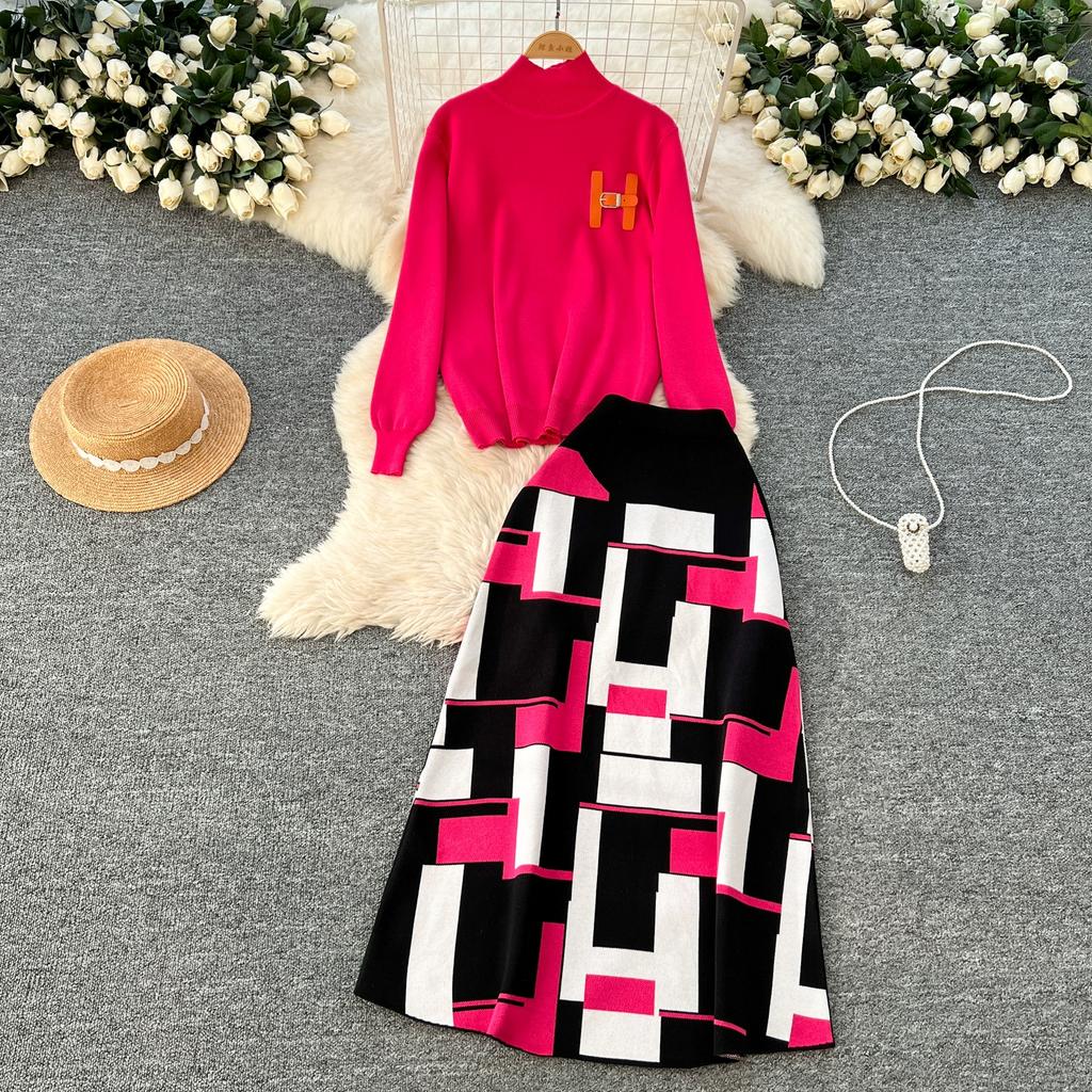 Høst Vinter Kvinner Elegant Strikket Genser Kontor Todelt Sett Ståkrage Pullover Topper og Lang Maxi Skjørt Dress