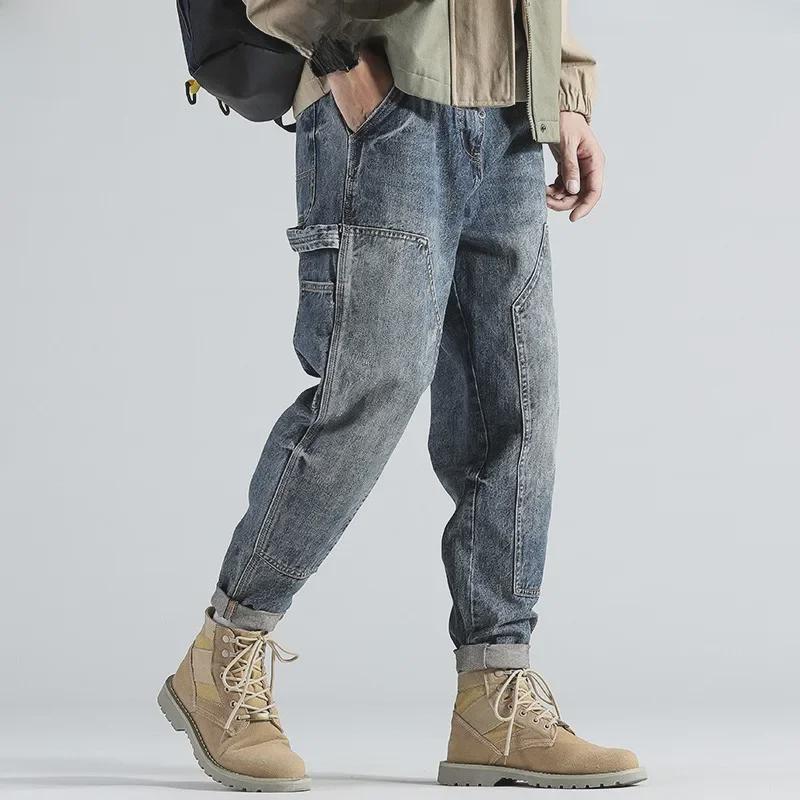 Blugi trendy retro cu picior drept și croială largă pentru bărbați, mărime mare, pantaloni casual slim-fit pentru toamnă și iarnă.