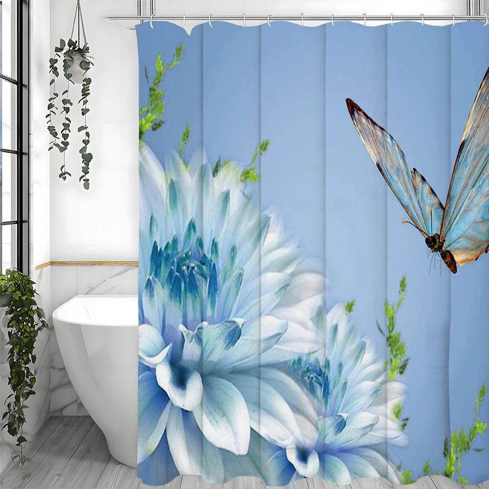Blue Butterfly Floral Shower Curtain, Bathroom Decorative Shower Curtain, Waterproof Shower Curtain with Hooks
