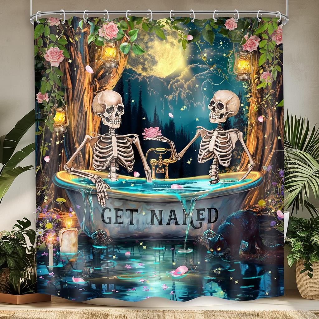 Dark Samurai Skeleton Waterproof Shower Curtain - Intricate Red Moon & Mountain Design for a Bold and Mysterious Bathroom Decor