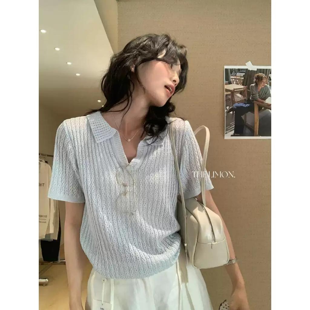 Oatmeal temperament hollow polo collar short-sleeved knitted sweater women's summer old money style high-end front shoulder t-shirt top