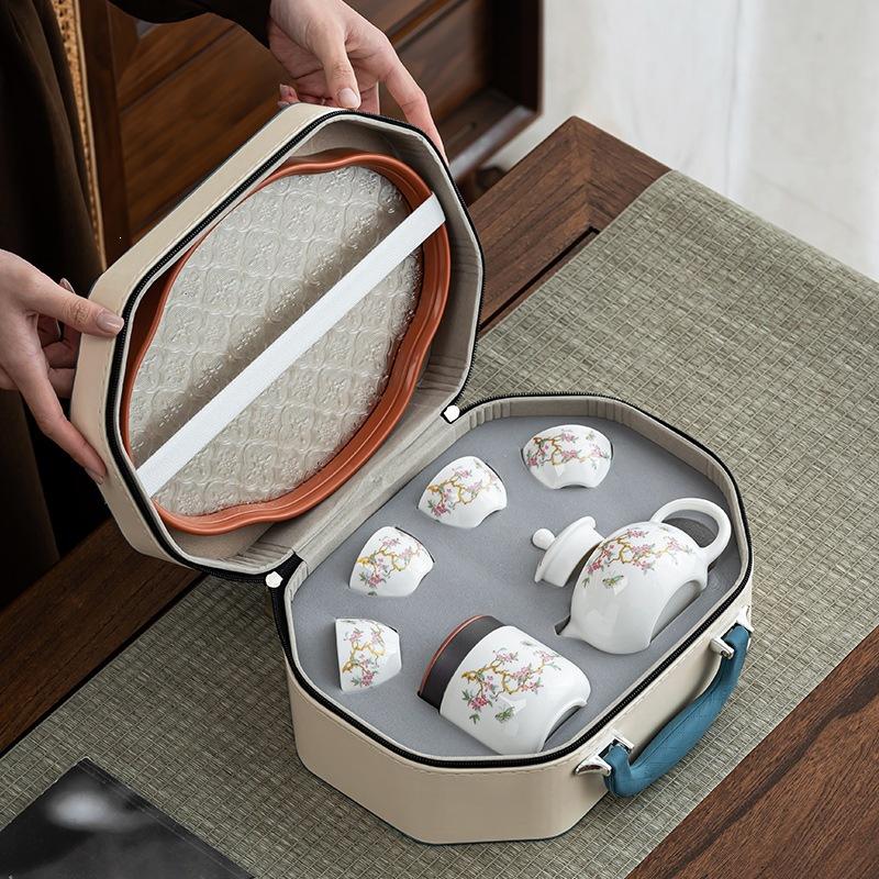 Business Gifts Portable Travel Set Dehua Suet Jade Wind Fresh Wisteria Flower Tea Pot Creative Leather Bag