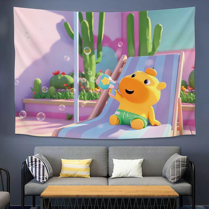 Cute Yellow Dragon CAPYLULU Wall Tapestry Cartoon Character Orange On Head Heart Music Note Kawaii Kids Room Home Decor