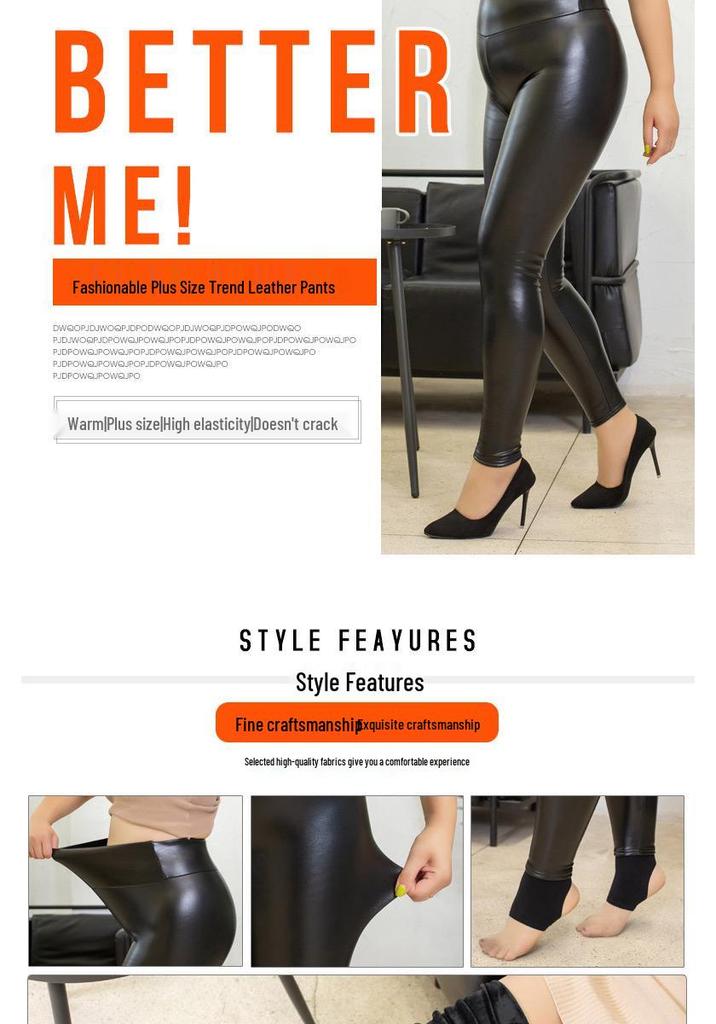 Damen Leggings mit Fleece-Futter, hoher Taille, aus PU-Leder, Übergröße