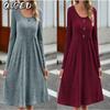 Fashion Autumn Winter Solid Color Print Long Sleeve U-Neck Casual Dresses