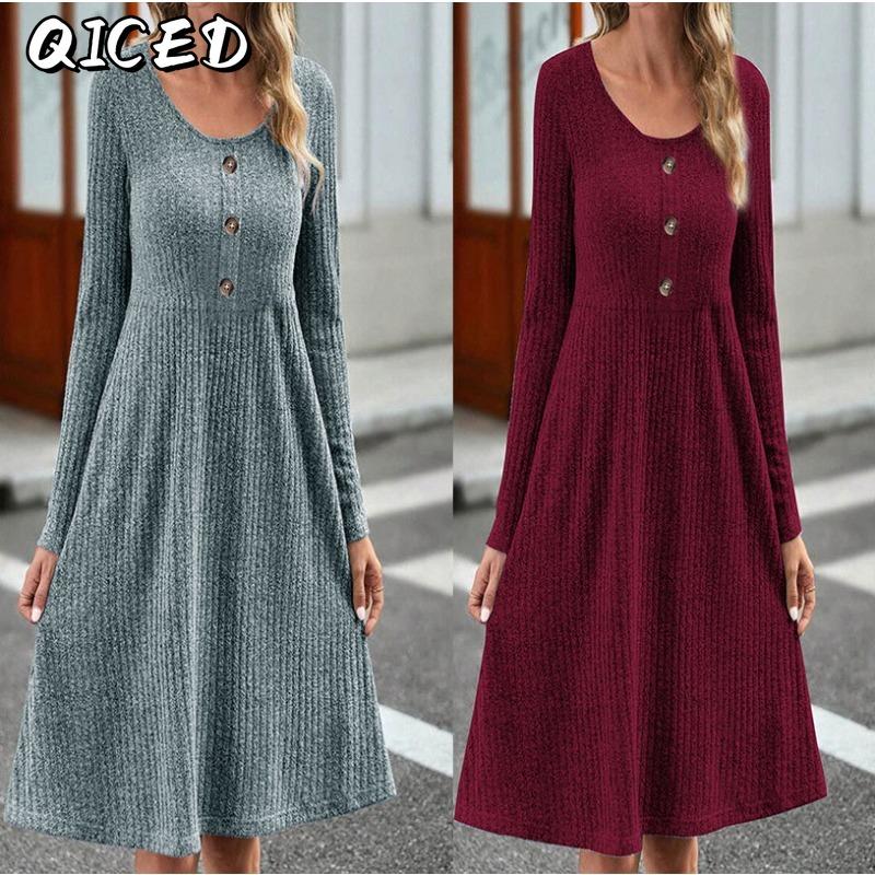 QICED Fashion Autumn Winter Solid Color Print Long Sleeve U-Neck Casual Dresses
