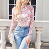Spring and Autumn Fashion Pullover High Neck Long Sleeve Lace Floral Mesh Base Shirt Women