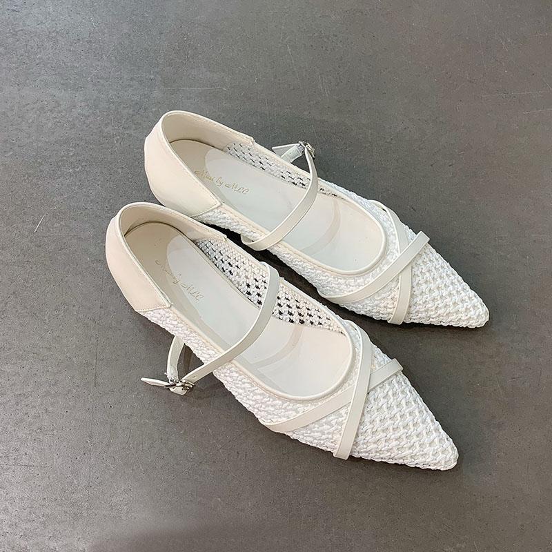 Fashion Weave Fashion Buckle Strap Women Flats Mary Janes Shoes Female Pointed Toe Ladies Flats Shoes With Height Increasing Footwear