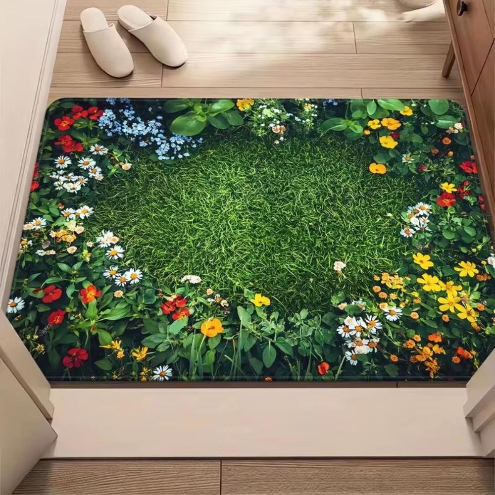 3D Groen Gras Wilde Bloemen Deurmat, Antislip Absorberend Wasbare Vloerkleed voor Entree, Badkamer Woondecoratie 60x90cm 24x36inch