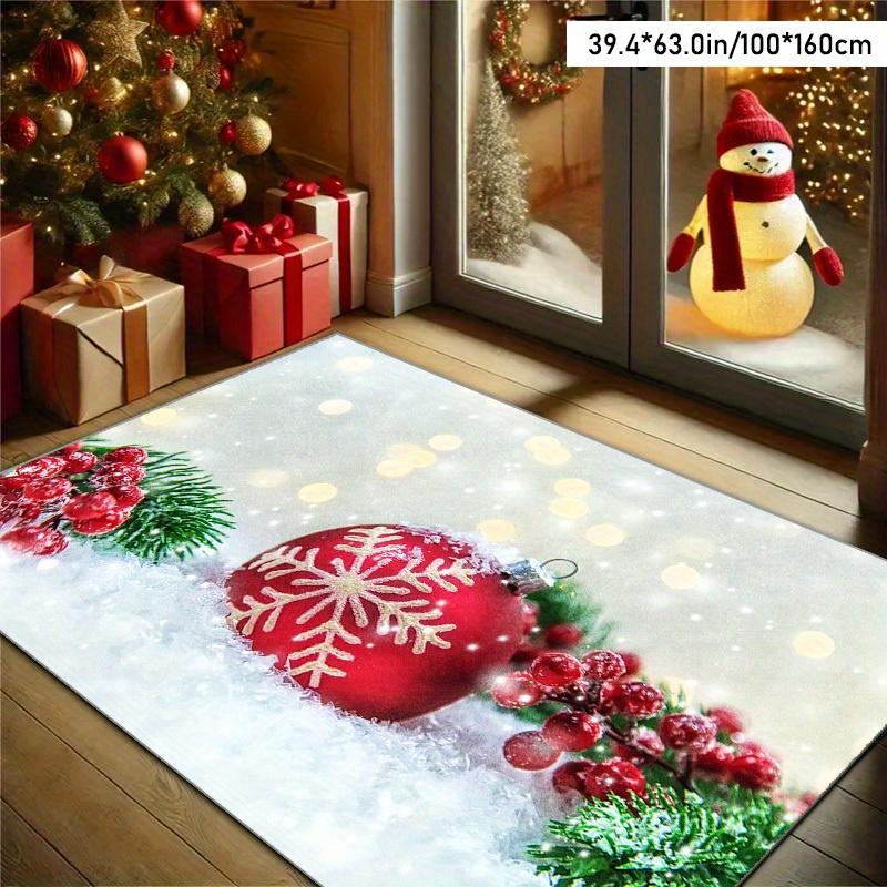 1pc Modern Christmas Balls & Pine Pattern Area Rug, Non-Slip Backing, Machine Washable Indoor Large Christmas Rug