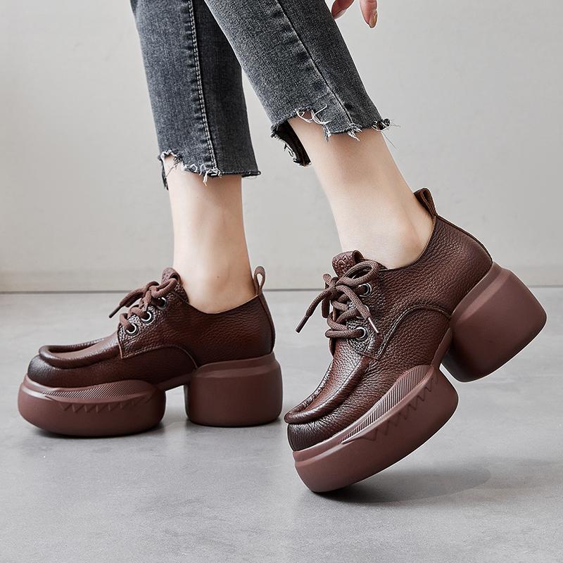 Fashion GKTINOO Thick Sole Pumps Versatile Genuine Leather Retro Women's Shoes 2025 Spring New Round Toe High Heel Platform Shoes