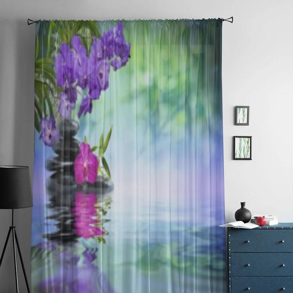 Violet Orchids Black Stones On The Water Sheer Curtains for Living Room Tulle Window Curtain Bedroom Kitchen Veil Drapes