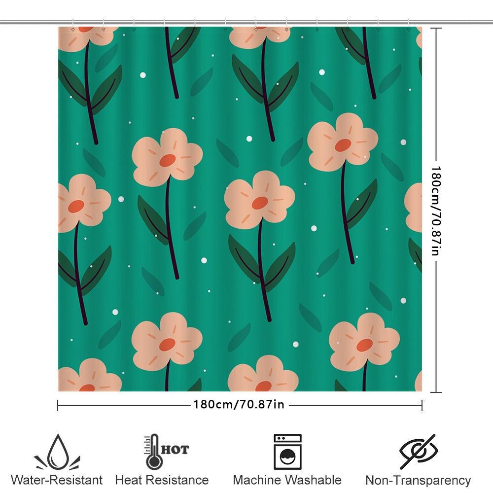 Green Bath Curtain with Flower Print for Bathroom Decor Waterproof Shower Cloth Fabric Home Accessories