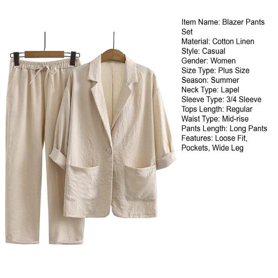 2Pcs/Set Women Spring Autumn Casual Outfit Lapel 45720 Sleeve Single Button Pockets