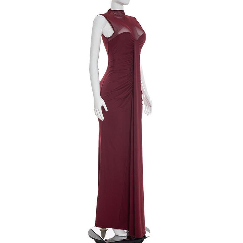 European & American Women's Spring/Summer 2026 Elegant High Neck Sleeveless Slim Fit Long Ruffled Mesh Dress