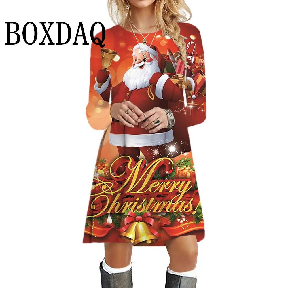Fashion Christmas Women Party Dresses Funny Cute Santa Claus 3D Printed Loose Casual Long Sleeve Dress Autumn Winter Clothes
