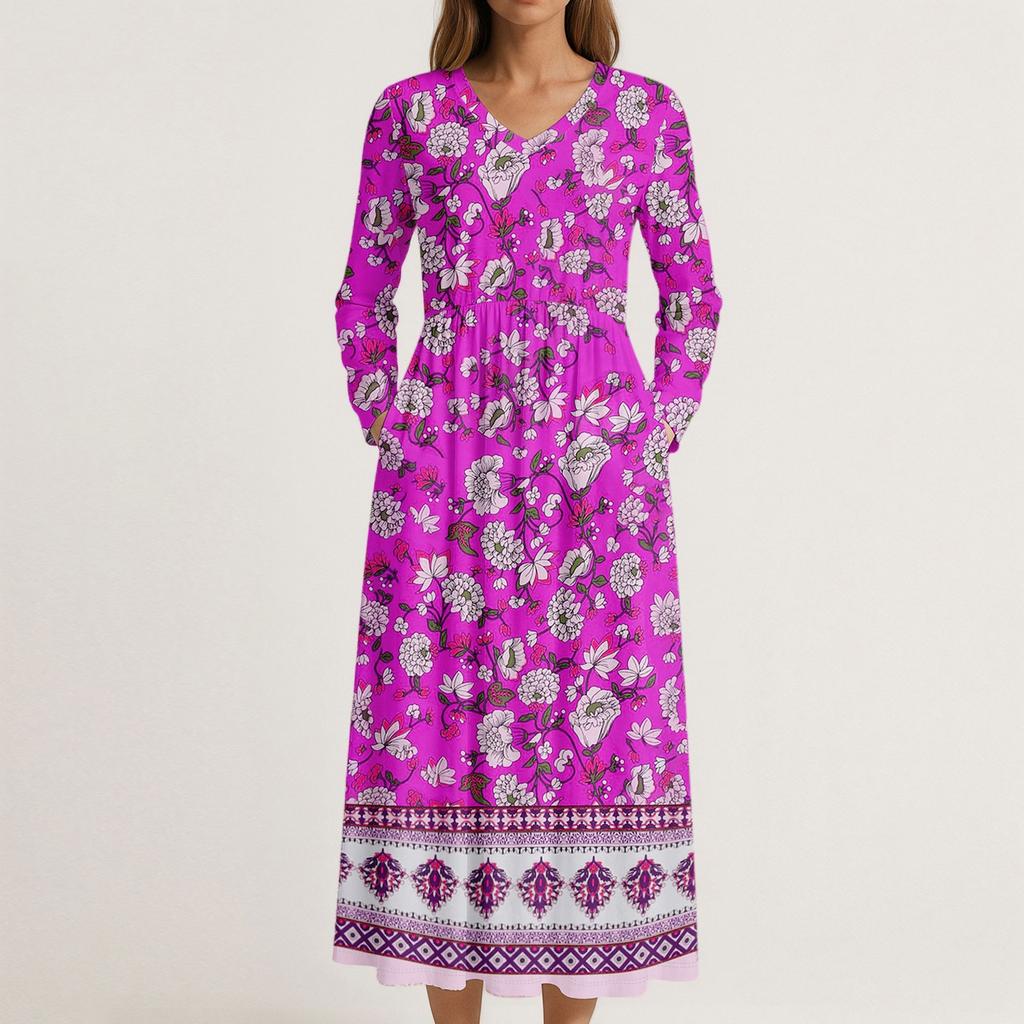 Šaty Pro Ženy Dlouhé Boho Plážové Šaty Elegantní Maxi Šaty Výstřih do V Dlouhý Rukáv Šaty s Kapsami