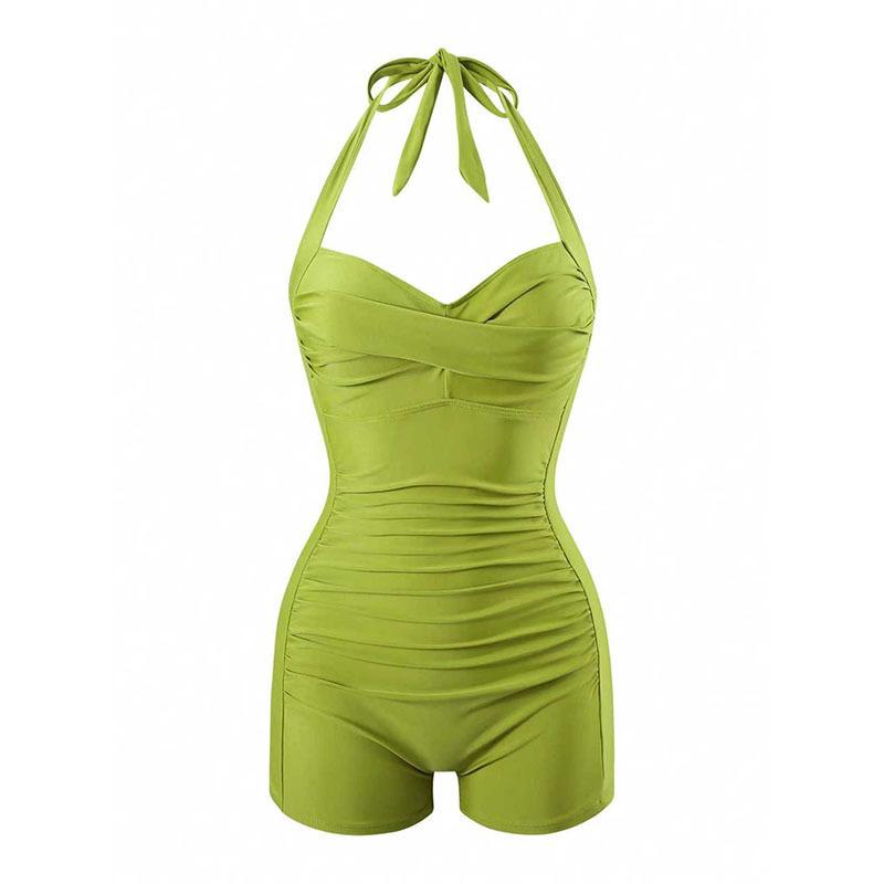 Women Lace Up Solid One Piece Modest Tummy Control Beach Swimsuit