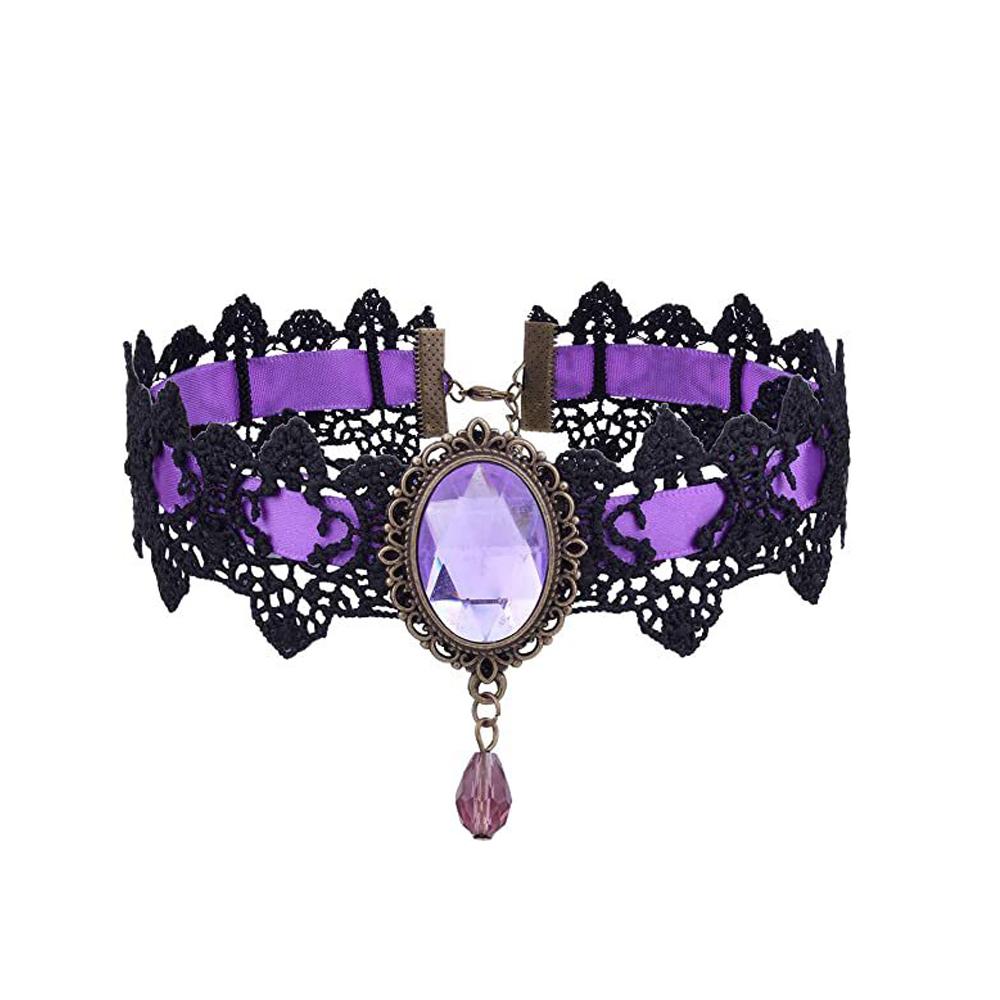Lace Gothic Choker Necklace with Rhinestones - Victorian Style Collar Jewelry