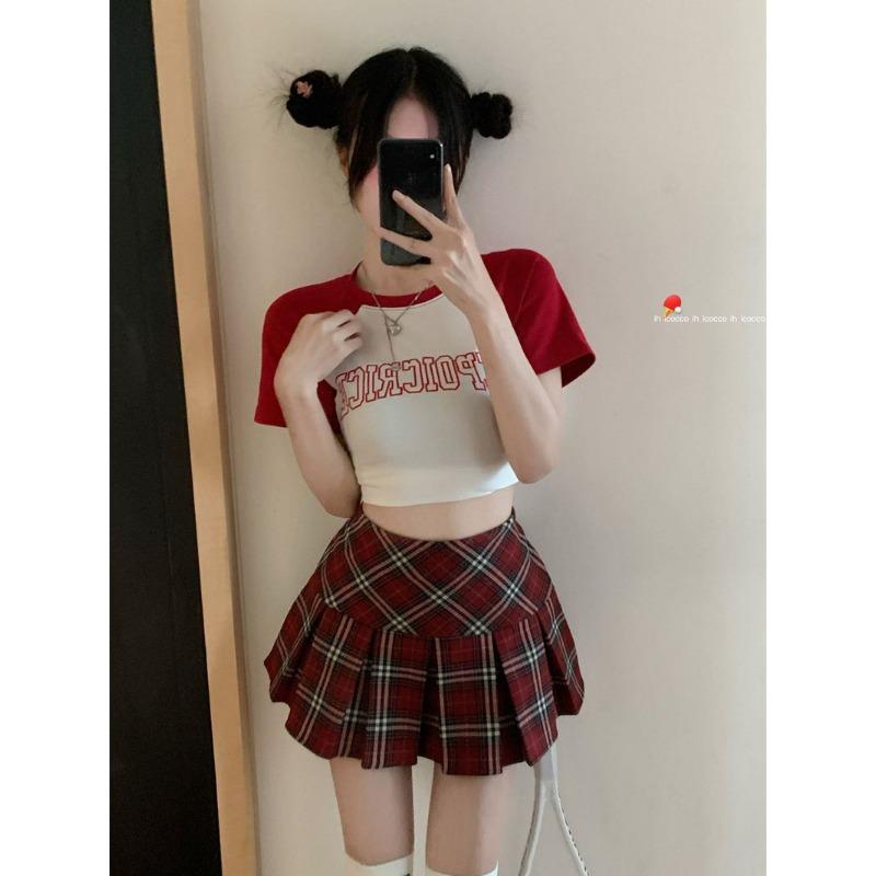 Preppy Plaid Pleated Skirt Red Women Summer Vintage Korean Style High Waist Patchwork A-line Mini Skirt Harajuku