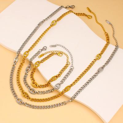 Trendy Japanese Pig Nose Patchwork Cuban Chain Bracelet & Necklace - Stainless Steel Clavicle Jewelry