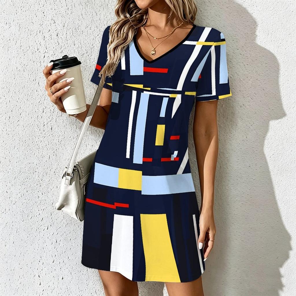 Summer Fashion Women's V Neck Short Sleeve Geometric Lines Pattern Printed Dress Sex Short Skirt Dresses