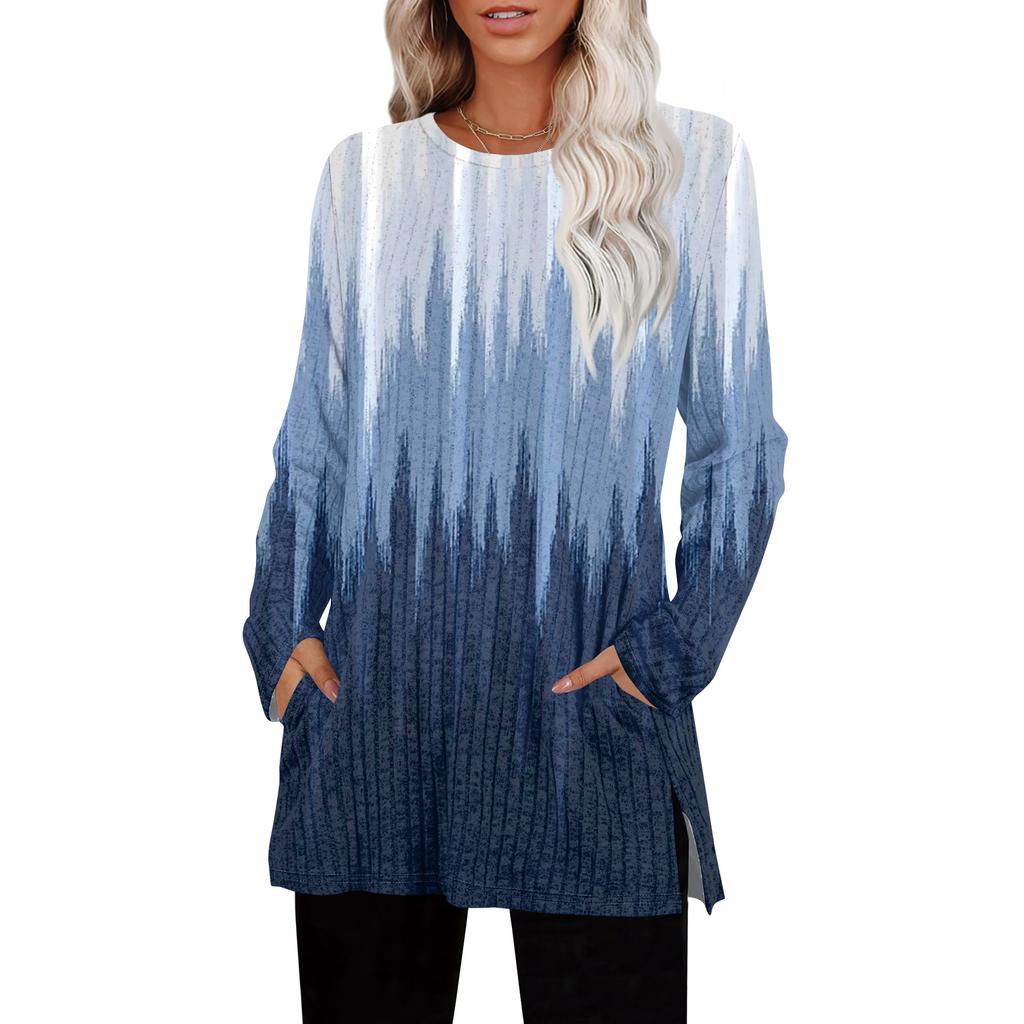 Womens Sweaters Crewneck Long Sleeve Shirts With Pockets Fall Outfits  Fashion Winter Clothing Side Slit