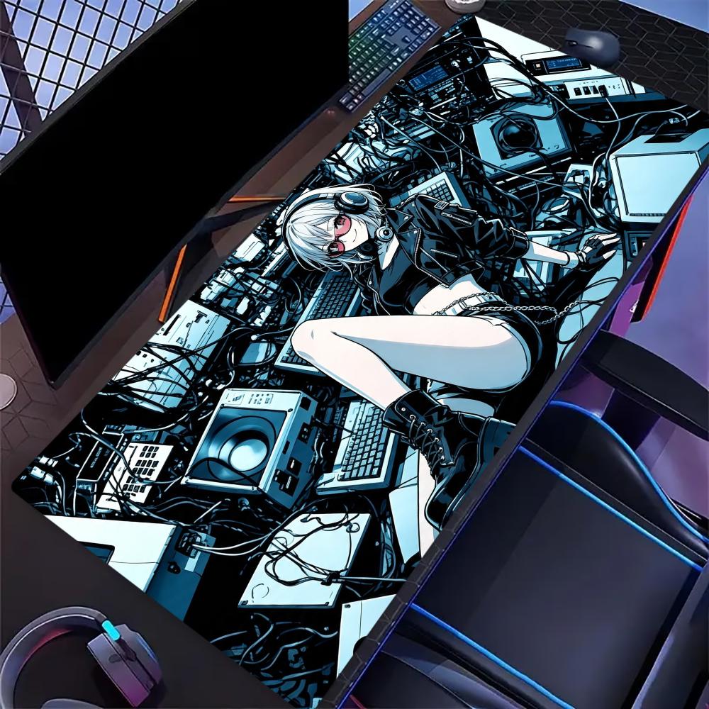 Anime Girl Tech City Extended Gaming Mousepad NonSlip Desk Surface Futuristic Neon Character Illustration Art Print For Desktop