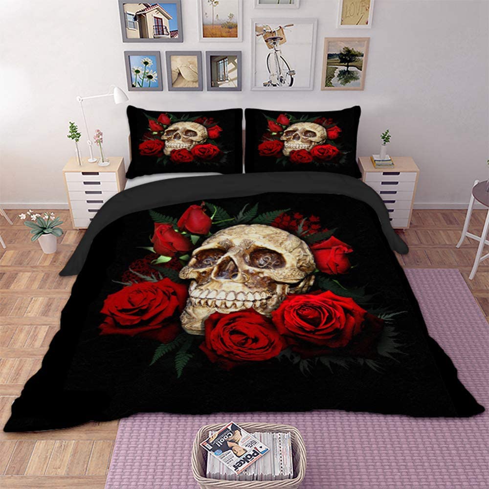 Sugar Skull Comforter Cover Set Teen Girl Bedding Set,Sugar Skull Decor Bedding Skull Roses Floral Print Duvet Cover Set