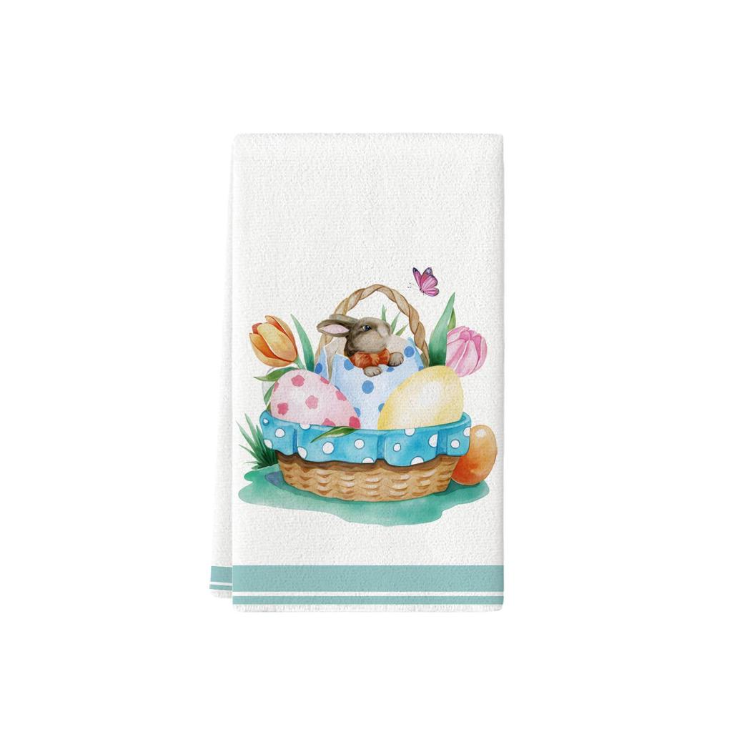 Easter Kitchen Towels with Watercolor Flowers, Rabbits, Eggs, and Tulips
