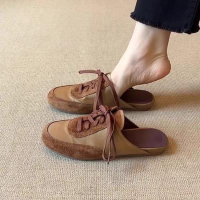 Sheepskin Version~ Niche Lace-up Color Matching Bag Head Drag Woman One Pedal Flat Bottom Half Drag Ins Sports and Leisure Style Slippers