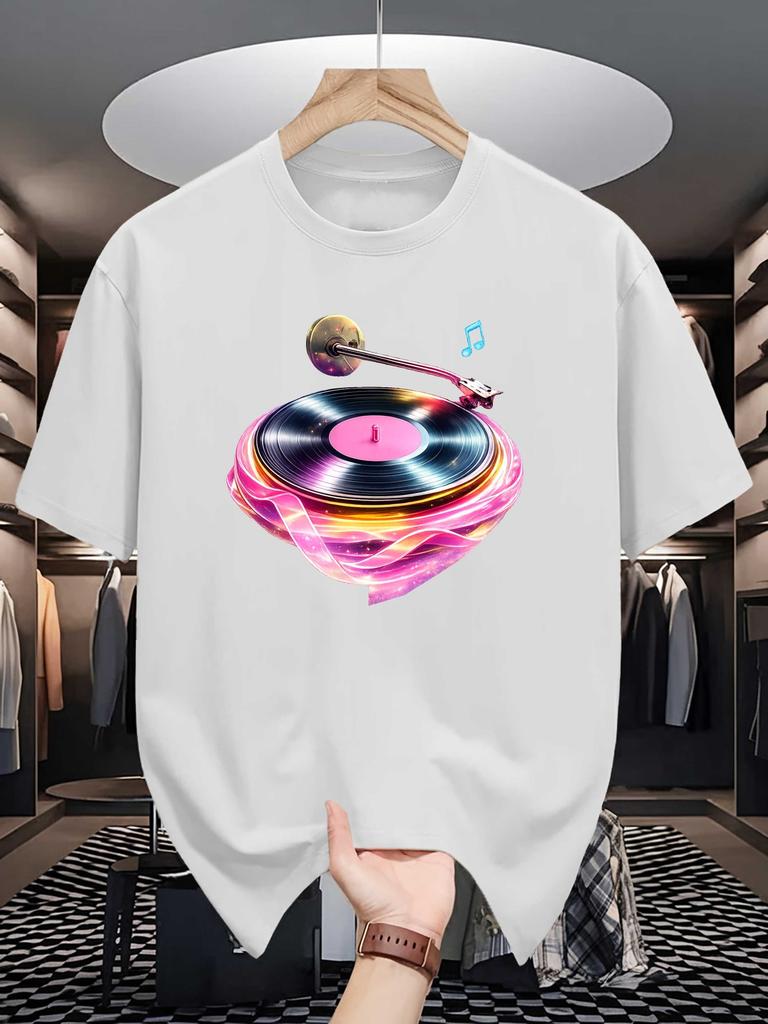 Heart Shaped Vinyl Turntable Unisexs Crew Neck T Shirt Neon DJ Record Player Music Note Graphic Short Sleeve Casual Street Tops