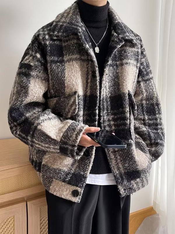 Men's Retro Plaid Wool Coat - Autumn/Winter Casual Thickened Lapel Jacket 