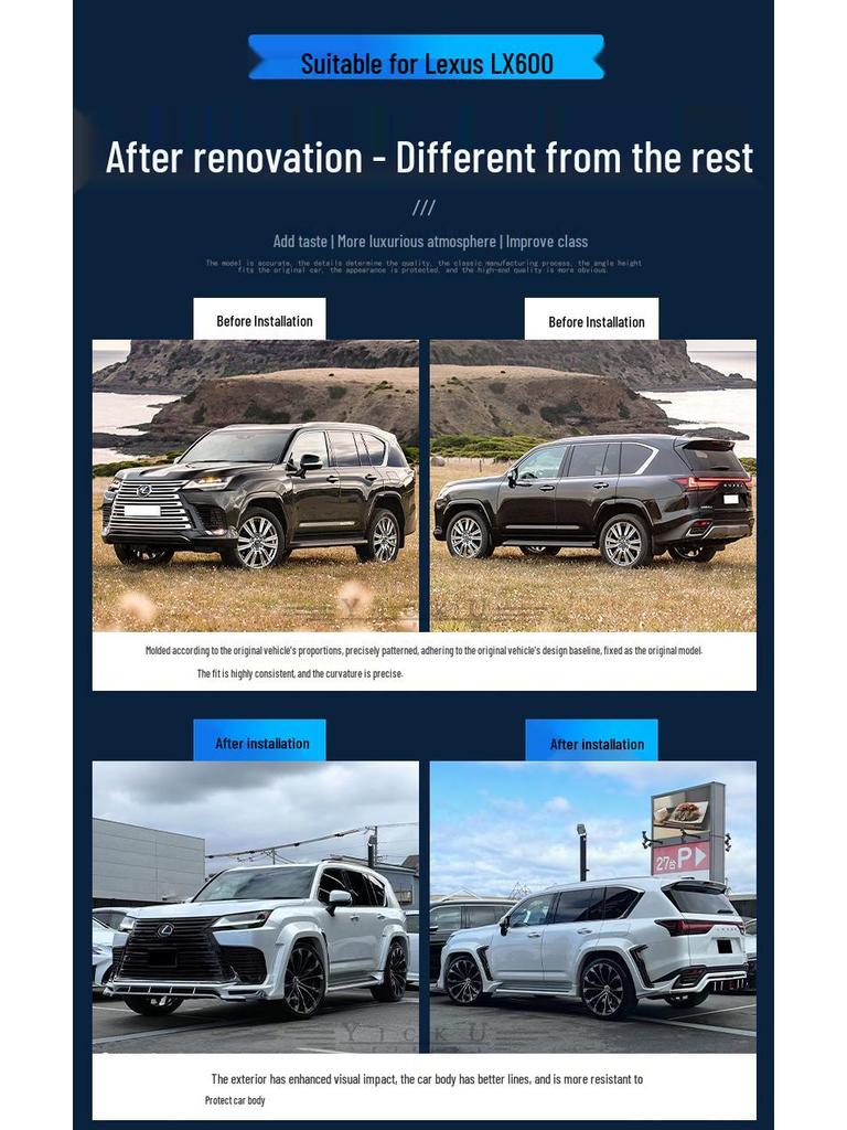 Lexus LX600 Widebody Kit: Front Lip, Rear Diffuser, Fender Flares, Rear Spoiler, Top Spoiler, Wind Deflectors, and WD Small Body Kit.