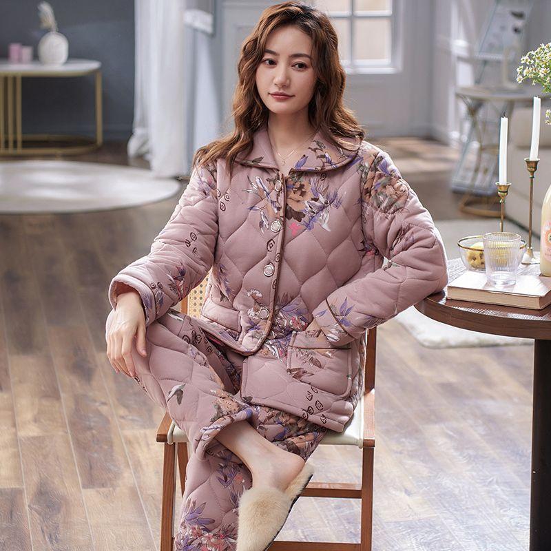 100% Reine Baumwolle Pyjama Damen Winter Dreilagig Verdickt Mittelalterliche Mutter Wattierte Jacke Warmes Loungewear-Set