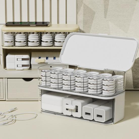 Stackable Cable Organizer Storage Box Double-Layer Plastic Storage Case with Lid Wire Management Box with Drawer for Cords Chargers Jewelry Hair Ties