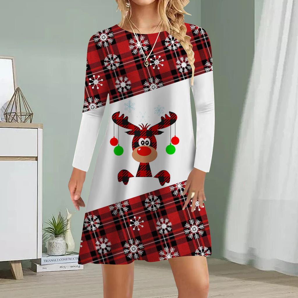 Damen Freizeitkleid Herbst Hirschkopf Print Kleider für Damen O-Ausschnitt Kurzarmkleid Übergröße