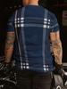 Men's Blue Checkered Geometric Printed T-shirt | Fashionable Short Sleeve