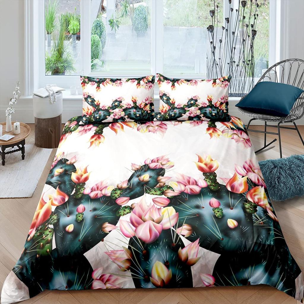 Cactus Duvet Cover Set King Size Hand Painted Style Bedding Set Nature Art Prints Comforter Cover Green Plant Cactus Quilt Cover