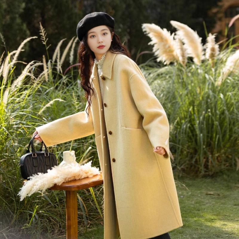 Plus Size Women s Mid-Length Woolen Coat with Doll Collar - 2025 Autumn/Winter Korean Style. 2XL жёлтый