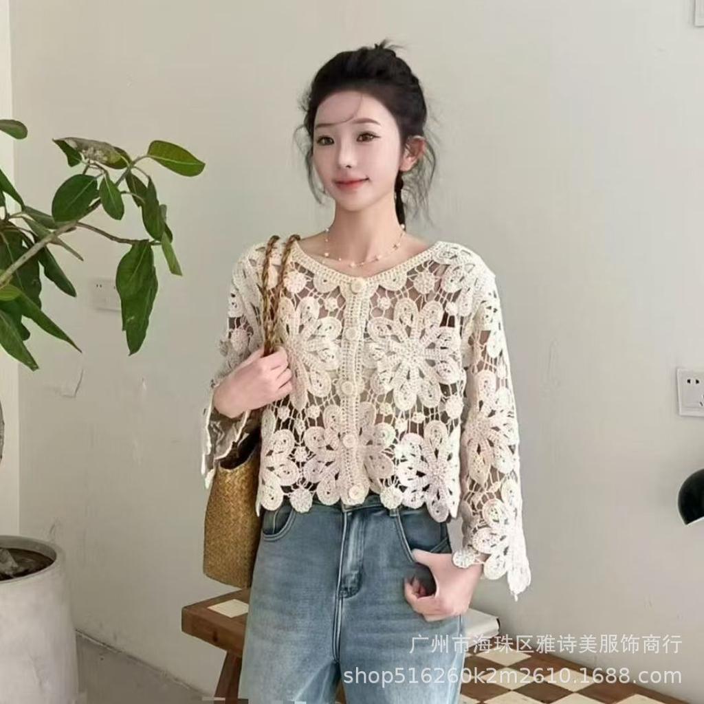 Fashion loose and thin hollow crochet knitted sweater women's new foreign style unique chic cardigan long-sleeved top