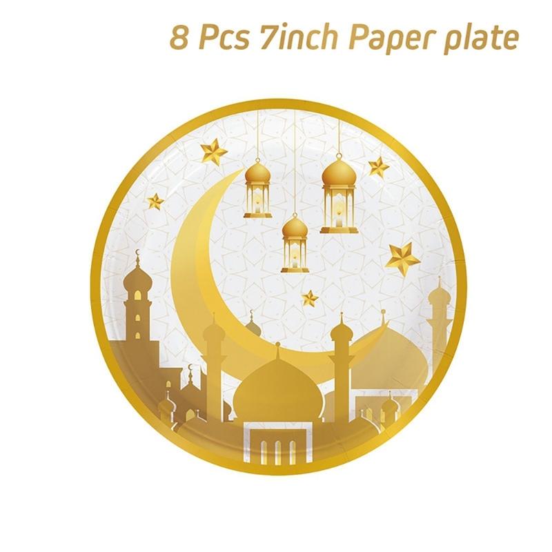 Elegant Disposable Dinnerware Set for 8 Guests Plates Cups and Napkins for Muslims Eid Festival Festive Celebration