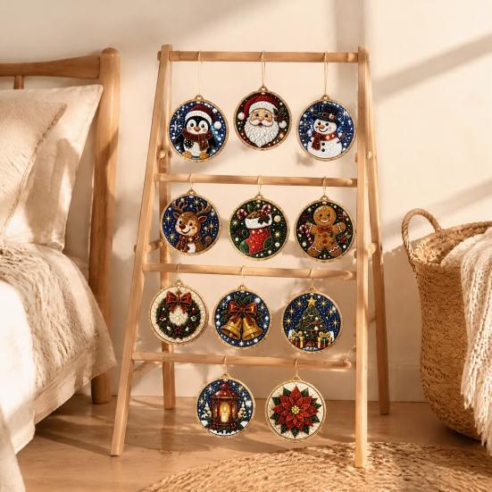 Festive Home Decoration 12PCS Christmas Tree 2D Flat Pendant, Pearl Acrylic Art Kits, Bright Seasonal Wall Hanging Color Classic Patterns Ornament for
