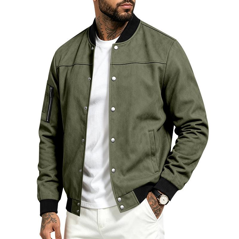 Men Faux‑Suede Bomber Jacket, Snap‑Button Front Contrast Ribbed Collar Cuffs Hem Zippered Sleeve Pocket Side Hand Pockets Casual Streetwear Outerwear