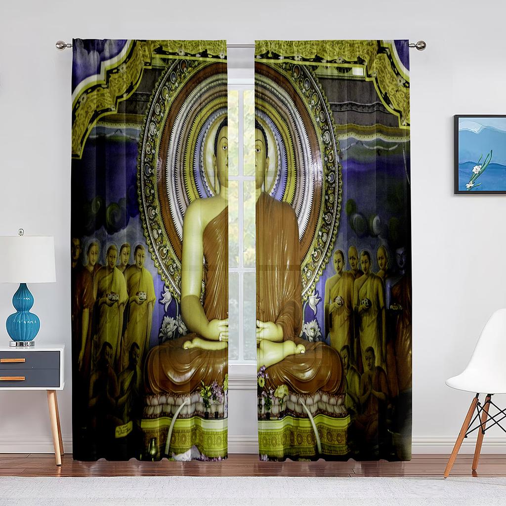 Buddhist Buddha Statue Golden Light Sunset Thin Curtain for Living Room Kitchen Window Bedroom Decor Curtains 2panels Rod Pocket