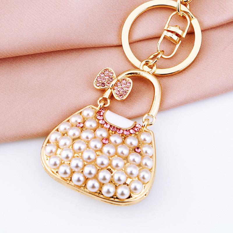 Cute Keychains for Women Rhinestone Pearls Bags Shape Key Chains Jewelry for Car Women's Bags Decoration Bag Charm